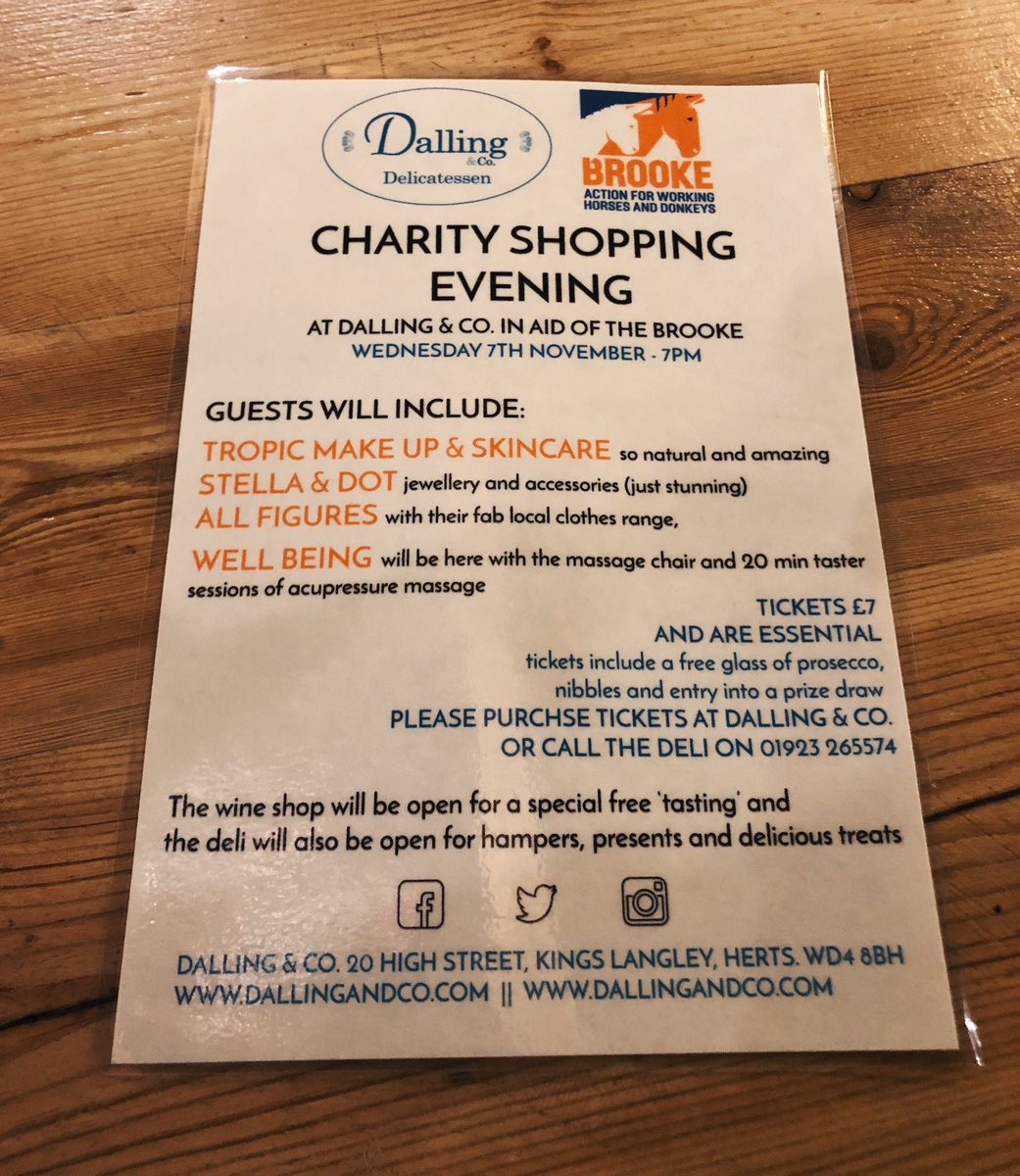 Next Wednesday (7th Nov) we will be hosting a charity shopping evening in the deli, in aid of The Brooke. Tickets are essential and can be brought in store or over the phone.
We hope to see you there!