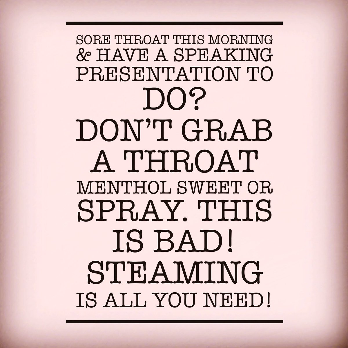 thecherylhadley's tweet image. Flu season has arrived. So today I’m croaky and have a sore,speaking work to do. What should you do when this happens?Mmm Menthol sweet?NO.Menthol Throat Spray?NO.These will just dry your voice even more and make it hot & angry 😡Steaming #voicecoach #performancecoach #voicetips