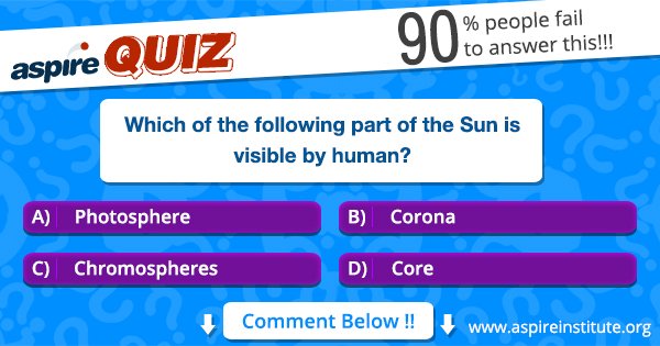 Aspirepvtltd's tweet photo. "Which of the following part of the Sun is visible by human?
A) Photosphere
B)Corona
C)Chromospheres
D) Core #Quiz #GeneralKnowledge #AspireInstitute" https://t.co/e7ua2zoEsH