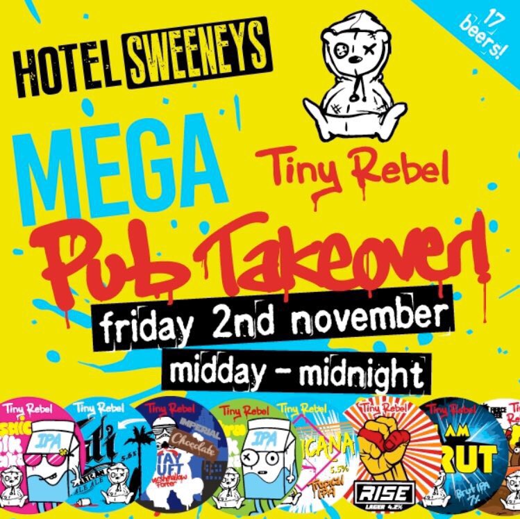 This Friday the rooftop will be rockin’ at <a href="/HotelSweeneys/">Hotel Sweeneys</a> for the now annual <a href="/tinyrebelbrewco/">Tiny Rebel</a> MEGA tap takeover to close out #sydneybeerweek. 17 taps pouring the latest from these crazy experimental #Welsh rebels! 🙌🏼🍻🏴󠁧󠁢󠁷󠁬󠁳󠁿🎉 #craftbeer #coldshipped #tinyrebel #sbw2018