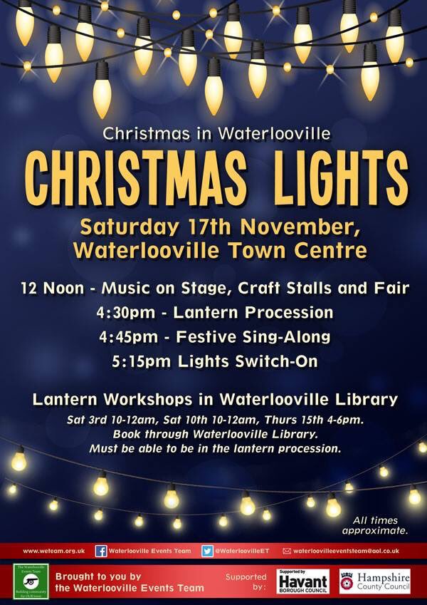 WaterloovilleET's tweet photo. This years Waterlooville Christmas lights Event is on Saturday 17th November.  Music, funfair and stalls in the precinct from Mid day.
If your child would like to be in the lantern parade we are holding FREE workshops in Waterlooville Library for them to make their lanterns https://t.co/TbjQwlRh9Z
