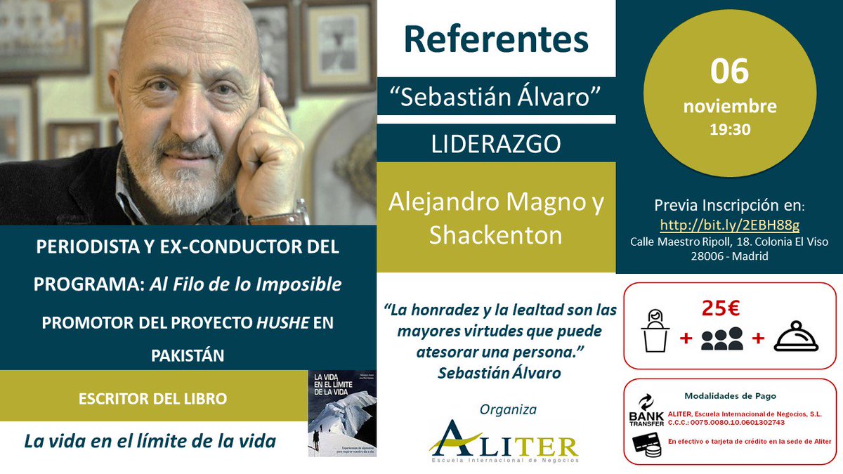 AliterEIN's tweet photo. Tenemos el honor de informarles que el próximo día 06 de noviembre, a las 19:30h, en el marco "REFERENTES", contaremos con la presencia de @sebas_alvaro quien nos hablará del Liderazgo: De Alejandro Magno y Shackenton.

📝 Inscríbete en: https://t.co/sWlwZwaZ1L https://t.co/DU3glSPNkd