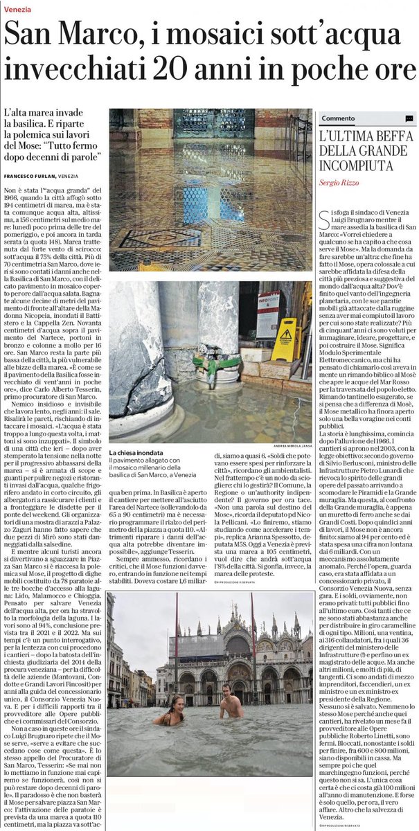 MasterAmbiente's tweet image. Basilica di San Marco invasa da 90 centimetri di acqua alta, allagato pavimento, moltissimi danni, inondati l'antico pavimento a mosaico, il battistero e la cappella,bagnando quadri del millenario pavimento a mosaico in marmo di fronte all'altare della Madonna, il Battistero.