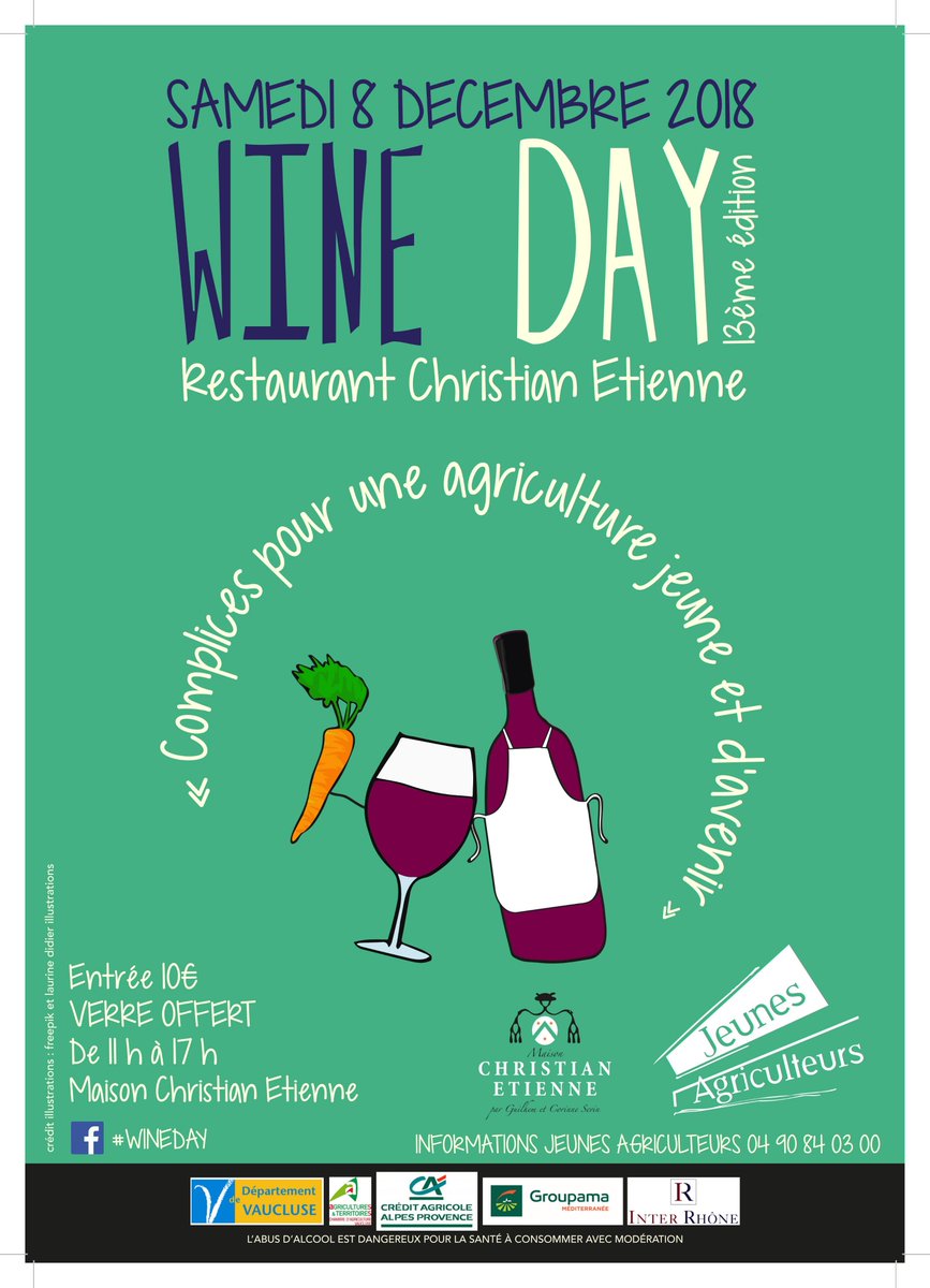 Retrouvez  prochainement les Jeunes Agriculteurs de Vaucluse pour leur Salon des vins: le Wine Day chez Christian Etienne dans Avignon !
Au programme: dégustation de vin et découverte de la gastronomie locale ! 👍🍷🍮🍰🍲