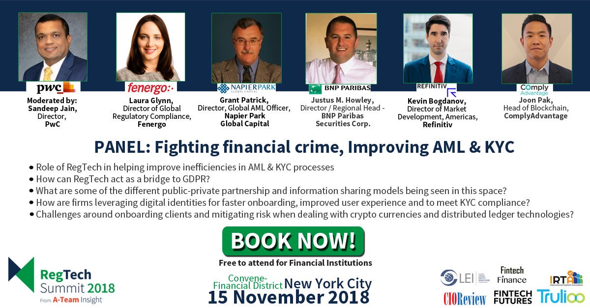 Fenergo's tweet photo. Fenergo's Regtech expert Laura Glynn joins the Expert Panel at #RegTechSummitNYC on Nov15th to discuss ensuring compliance and fighting financial crime.
REGISTER; //t.co/zqJGnMOc2L
#regtech #RTSNYC #dlt #blockchain #aml #kyc https://t.co/4mYzh4IQaJ