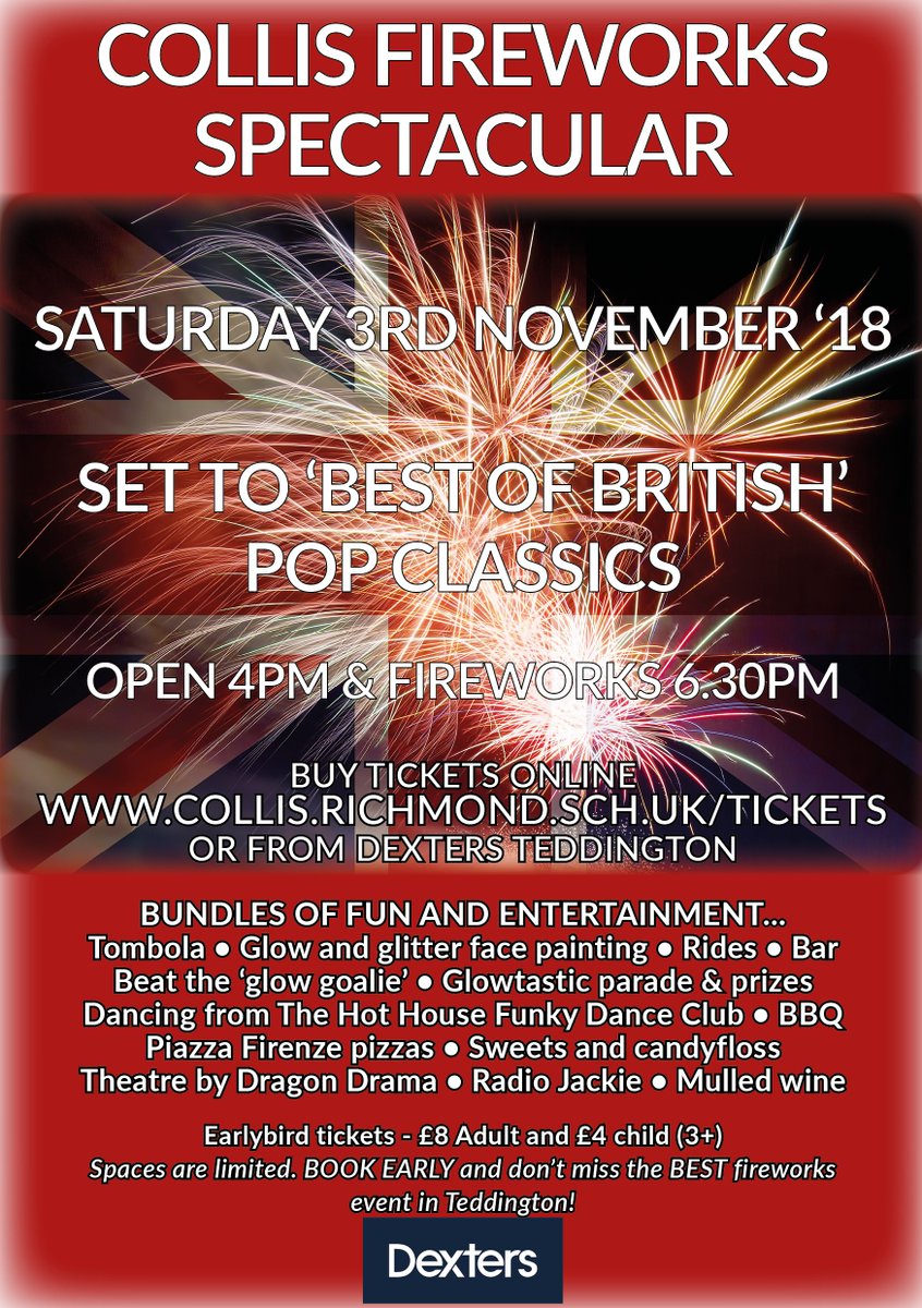 CsaTw11's tweet image. Prices go up at midnight for Collis #fireworks on Sat so BUY YOURS TODAY at collis.richmond.sch.uk/tickets  or #Dexters #Teddington. Join from 4pm for rides, glow goodies, face painting, singing, dancing, bbq, bar, #music from @radiojackie, and a 15 minute display!
