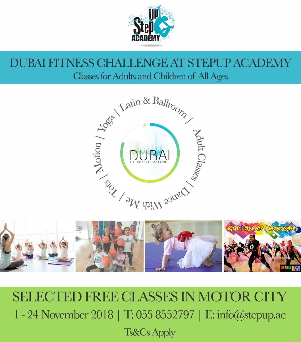 StepUpAcademy's tweet image. ***Dubai Fitness Challenge*** 💪🤸‍♂️🤸‍♀️

GET MOVING WITH SELECTED FREE STEPUP CLASSES FOR DUBAI FITNESS CHALLENGE!

Apex Atrium, Motor City from 1st - 24th November 2018!!!
For details: facebook.com/stepupacademyd… 
#dubaifitnesschallenge #challengeaccepted