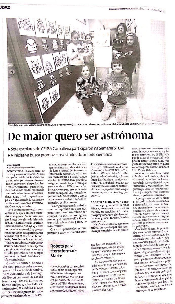 VermisLAB's tweet photo. Hoy el @Diario_Pontev cuenta el relato de algunos de los niños y niñas que ya participaron en la #SemanaSTEM que estamos llevando a cabo en #SantiagodeCompostela :) #stem #innovacioneducativa #educacion https://t.co/8m2VPxP1Kr