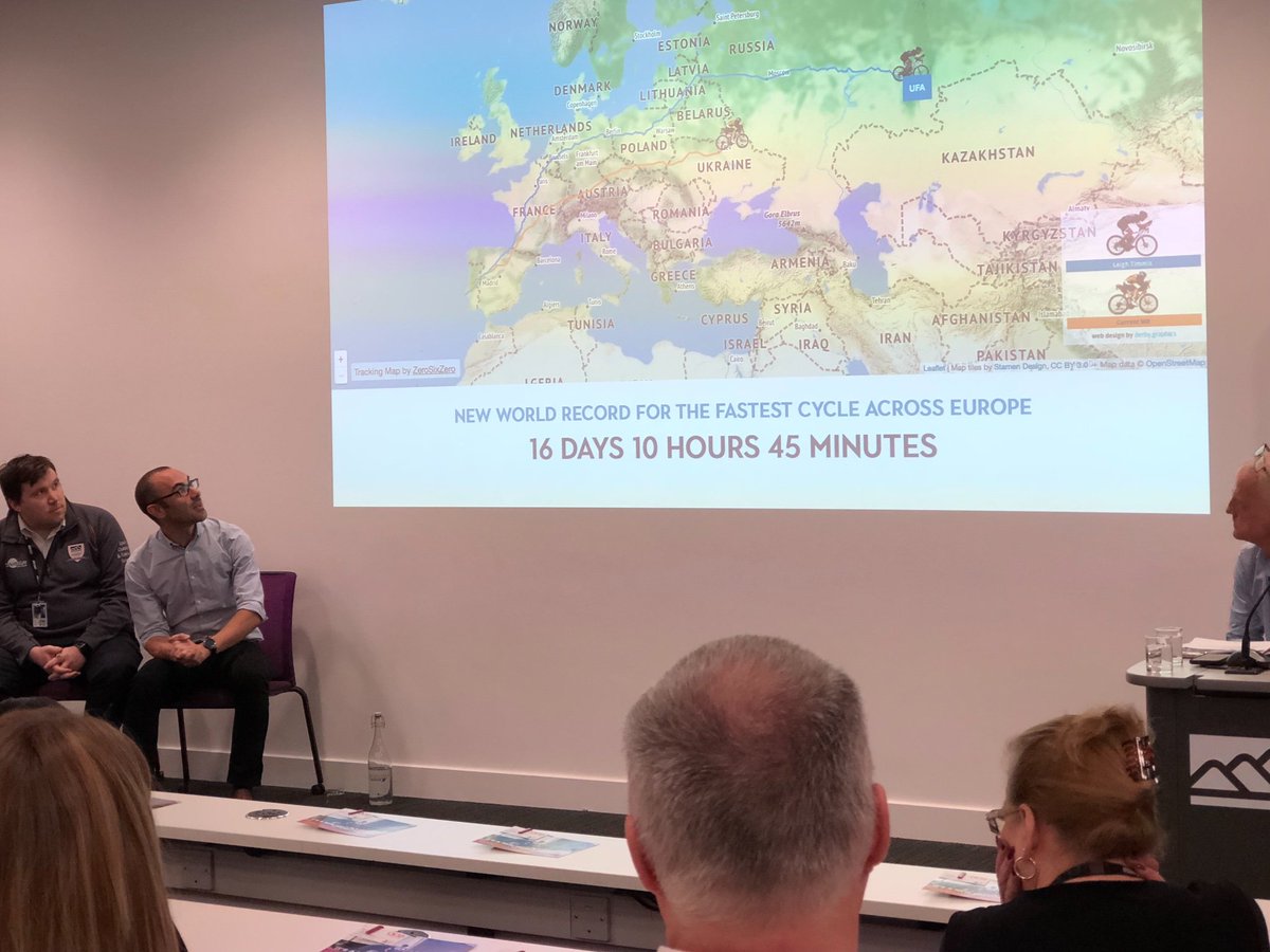 DerbyUniPress's tweet photo. “Sixteen days, 10 hours and 45 minutes to break the #EuropeCycleRecord - but a year’s preparation.” @leightimmis speaking at the @MarketingDerby event at @DerbyUni today. https://t.co/38w0OI2tQ6