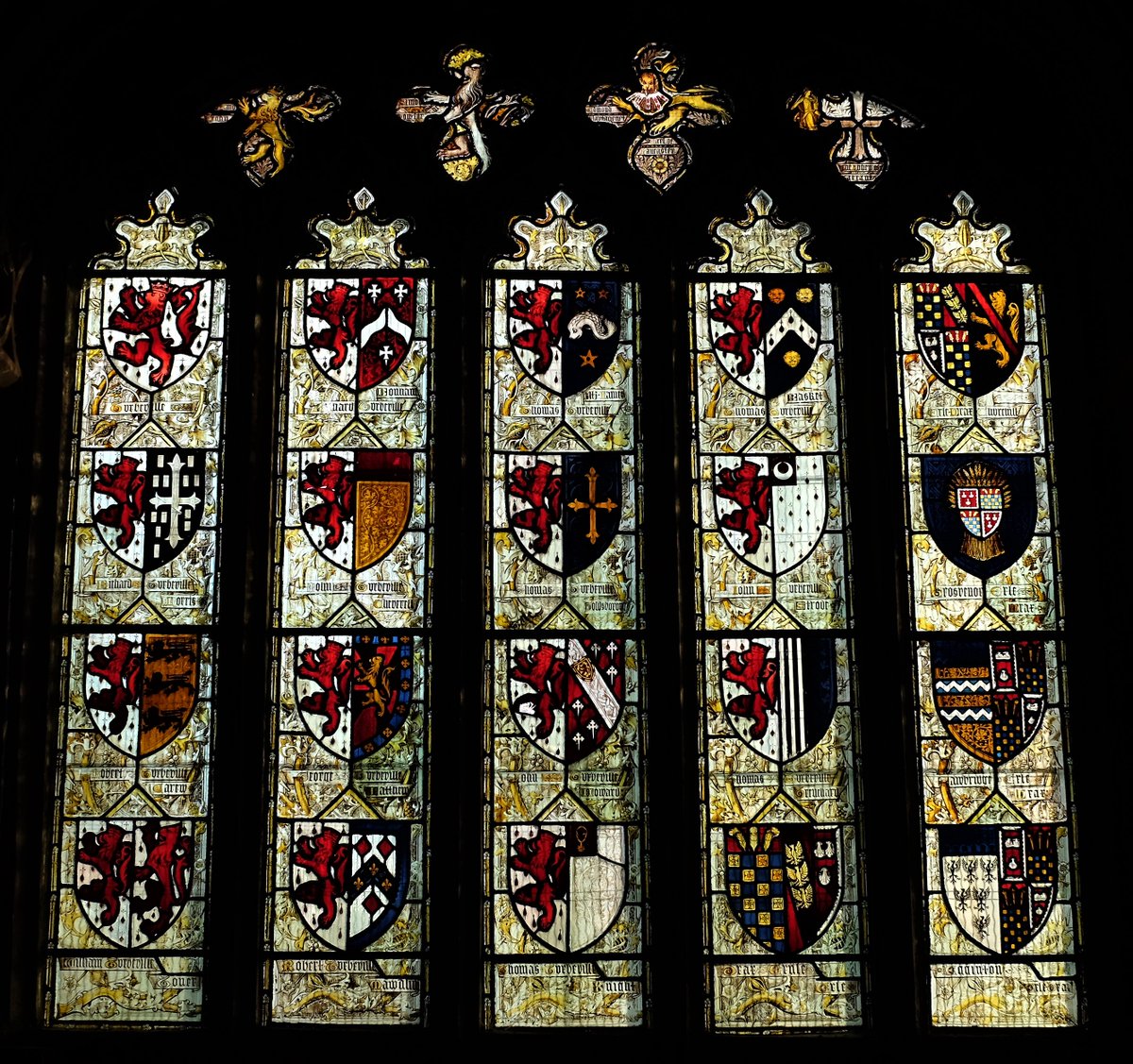 Now that the name #TinyLionsAppreciationSociety has been decided(?), a plethora of #tinylions in this armorial window of Turberville family, Bere Regis #Dorset, restored 1875-7 by Hardman from what was recorded in 1600.
