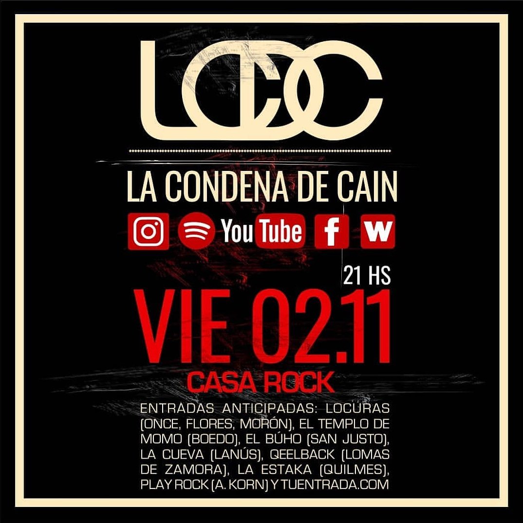 Cuándo Tocamos? (@cuandotocamos) on Twitter photo #Cartelera #CuandoTocamos
Este viernes <a href="/lacondenadecain/">La Condena de Caín</a> toca en <a href="/CasaRockPalermo/">Casa Rock Palermo</a>
📣 Más info facebook.com/events/2160365…
#LCDC #LaCondenaDeCain #SinTimon #rock #EnVivo #Cartelera #CuandoTocamos
Este viernes <a href="/lacondenadecain/">La Condena de Caín</a> toca en <a href="/CasaRockPalermo/">Casa Rock Palermo</a>
📣 Más info facebook.com/events/2160365…
#LCDC #LaCondenaDeCain #SinTimon #rock #EnVivo