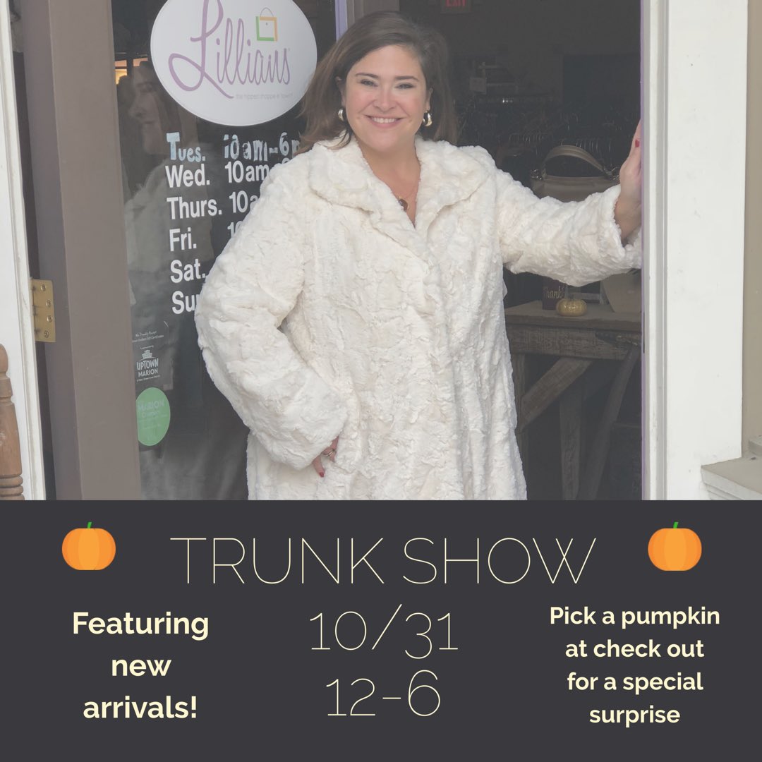 12-6 today! Stop by and check out our new arrivals while enjoying a glass of bubbly and sweet treats. Plus, pick a pumpkin at checkout for a special surprise. Happy Halloween!