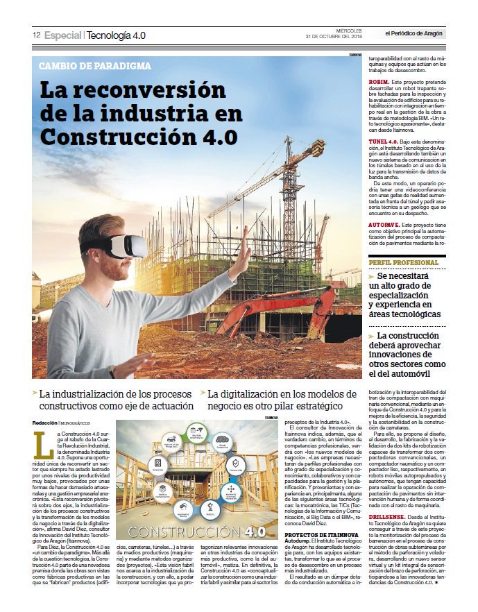 📣 Hoy, en el <a href="/periodicoaragon/">El Periódico de Aragón</a>, hablamos de Construcción 4.0.

👉🏼 Industrialización de procesos constructivos.
👉🏼 Digitalización del negocio.
👉🏼 La obra como fábrica.

📂 Podréis conocer 5 proyectos reales que ya estamos desarrollando en @ITAINNOVA