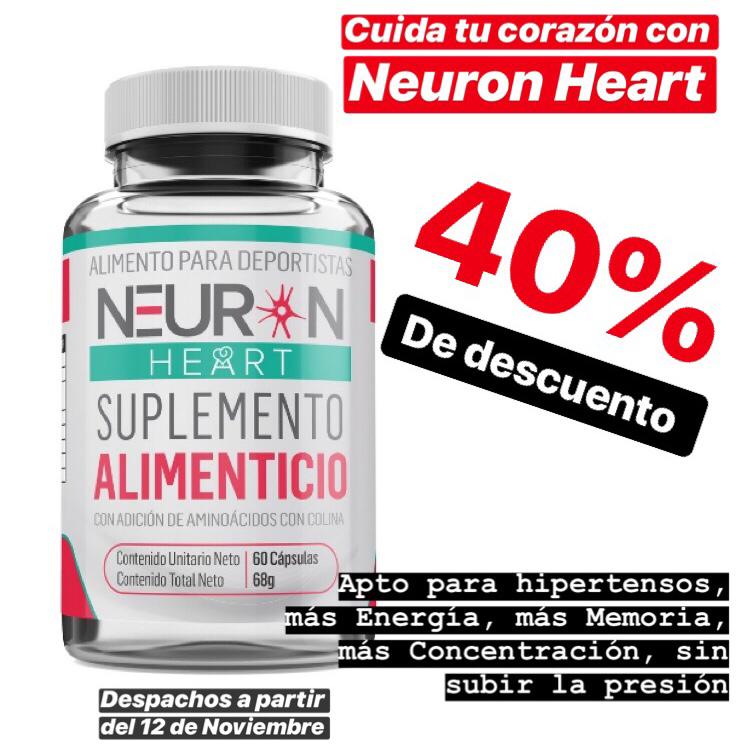 NeuronChile's tweet image. ¡PREVENTA -40%! Cuida tu corazón con Neurón HEART, nuevo nootrópico apto para hipertensos. Con extractos naturales nootrópicos más potentes, sin cafeína, da un cuidado integral a la memoria, energía y atención. Pídelo hoy con un 40% de Descuento. 
Envíos desde el 13 de Noviembre