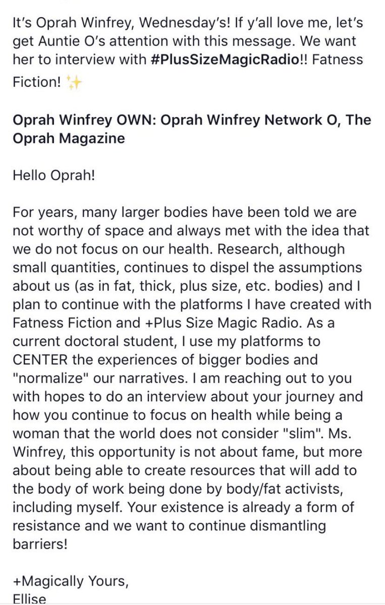 FatnessFiction's tweet photo. It’s Oprah Winfrey, Wednesday’s! If y’all love me, let’s get Auntie O’s attention with this message. We want her to interview with #PlusSizeMagicRadio!! Fatness Fiction! 💛 @Oprah @OWNTV @O_Magazine https://t.co/s31sjTUhqQ