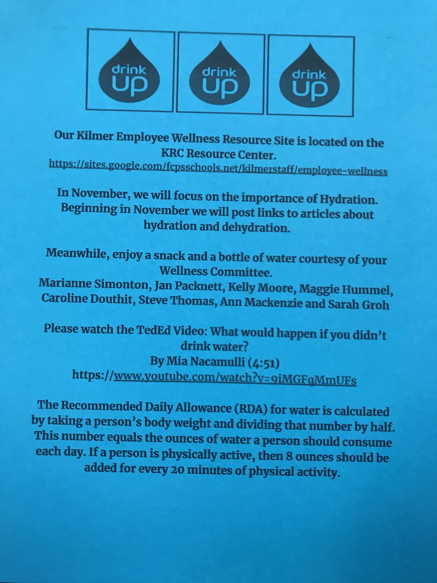 RljamesRon's tweet photo. Trick or Treat, a snack and a bottle of water courtesy of our our KMS Wellness Committee. The Kilmer Employee Wellness Resource Site is up and running on the KRC #drinkup https://t.co/LxKXmJMjlP