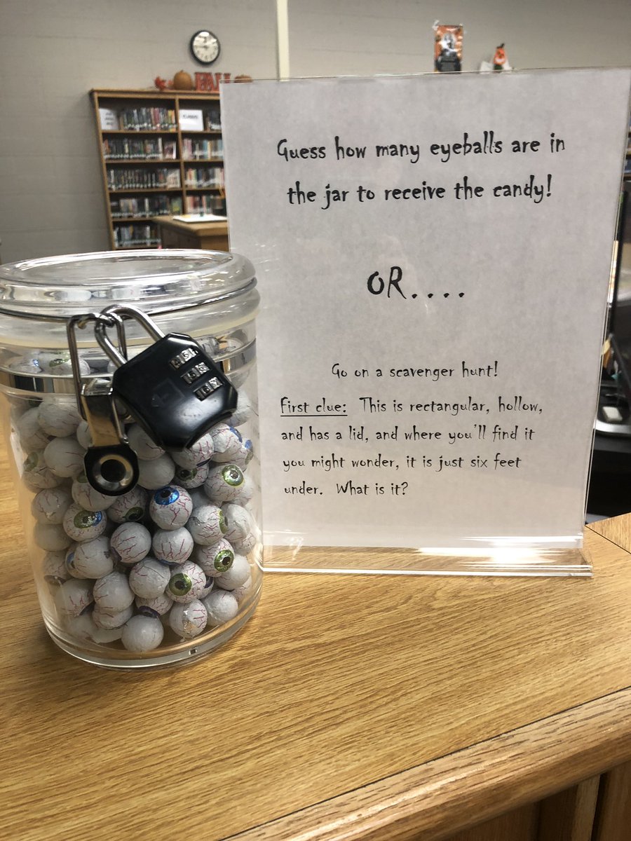 OFHSLibrary's tweet image. Who doesn’t like chocolate, right?!? Guess how many eyeballs are in the jar to unlock the candy, or collect clues in the library that will lead you to the correct combination!  Come to the library to test your luck or your detective skills!  Happy Halloween!