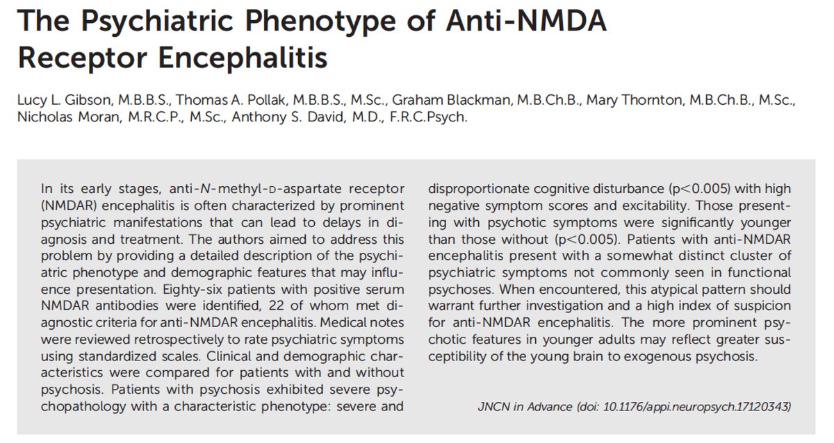 Tom Pollak (@tompollak) on Twitter photo Just published! Our fantastic Academic Clinical Fellow Dr Lucy Gibson reviews the psychiatric presentation of a local cohort of patients with anti-NMDAR encephalitis. Well done Lucy!
neuro.psychiatryonline.org/doi/10.1176/ap…
With <a href="/ProfTonyDavid/">Anthony David</a> and <a href="/BlackmanGraham/">Graham Blackman</a> Just published! Our fantastic Academic Clinical Fellow Dr Lucy Gibson reviews the psychiatric presentation of a local cohort of patients with anti-NMDAR encephalitis. Well done Lucy!
neuro.psychiatryonline.org/doi/10.1176/ap…
With <a href="/ProfTonyDavid/">Anthony David</a> and <a href="/BlackmanGraham/">Graham Blackman</a>