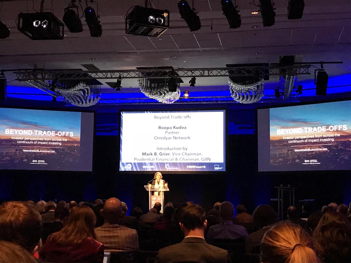 "The relationship btw risk, return, &amp; impact is complex..." -Roopa Kudva. More in robust new piece from @OmidyarNetwork > beyondtradeoffs.economist.com #GIINForum2018 #impinv #ESG