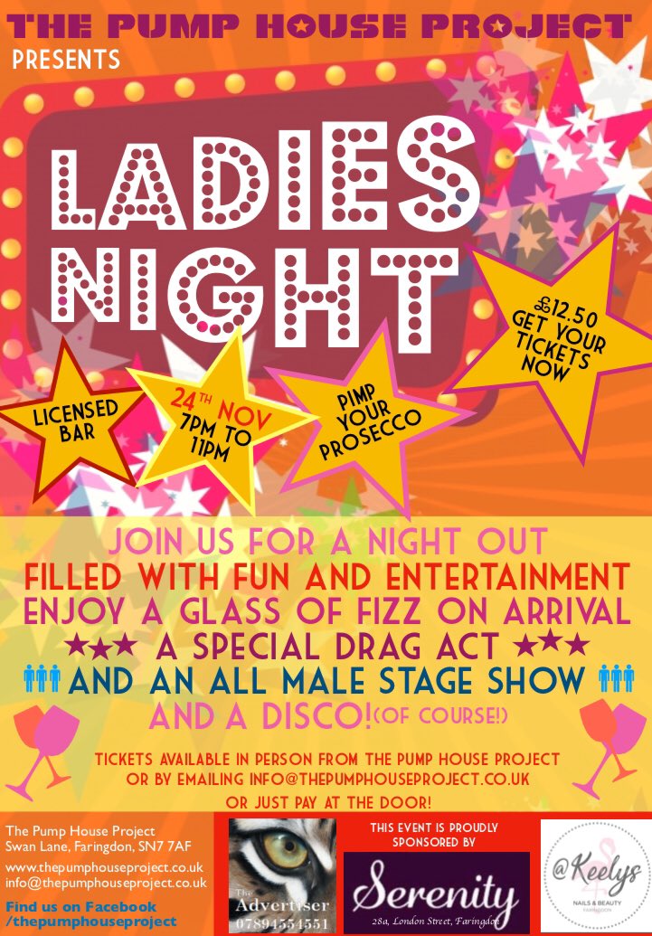 PumpHseProject's tweet image. Ladies...... just what you need... a good night out!!!! Do not miss this event! Sat 24th Nov, tickets £12.50 each includes glass of fizz and full on entertainment!!
