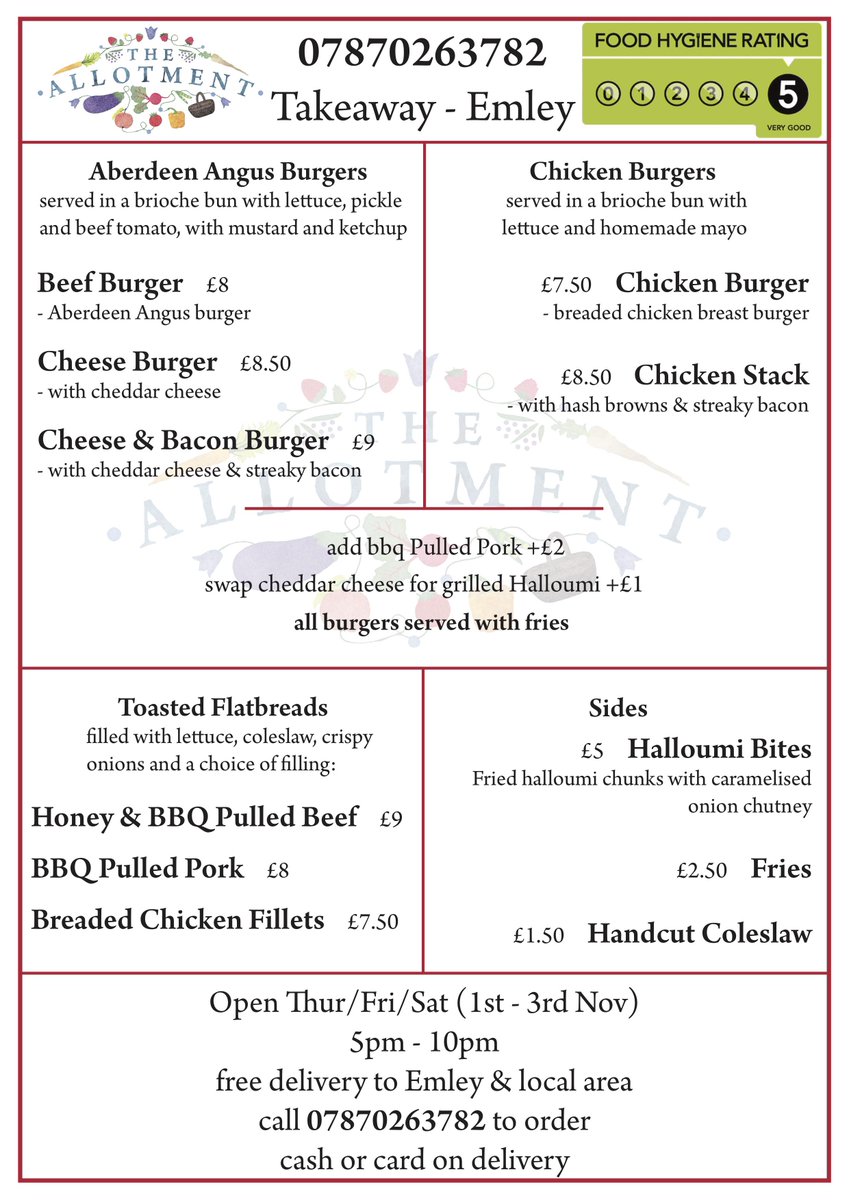 Pre orders now being taken for this weekends takeaway with FREE Delivery in Emley and surrounding area!
