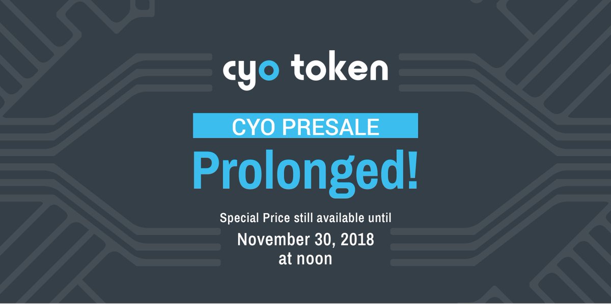 🆕 Presale for CYO token has been decided to be prolonged till ➡️ Nov 30th. Any questions? Just ask Estee our customer happiness chief in charge ;) in our telegram group 💁t.me/cleyond 
#token #presale #altcoin #tokensale #cyo #cyotoken