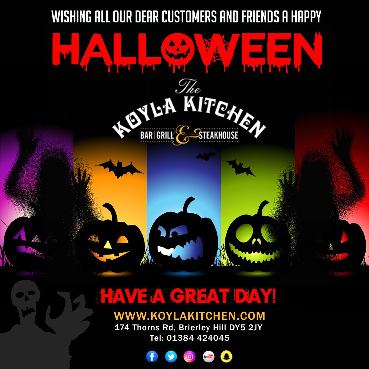 Wishing all our dear customers &amp; friends a #Happy #Halloween from all the staff &amp; team at #KoylaKitchen. Have a safe &amp; super day guys! See you soon! tinyurl.com/yd2vzddy The Koyla Kitchen - #Bar, #Grill &amp; #Steakhouse. Tel: 01384 424045 Web: koylakitchen.com #GoodFood