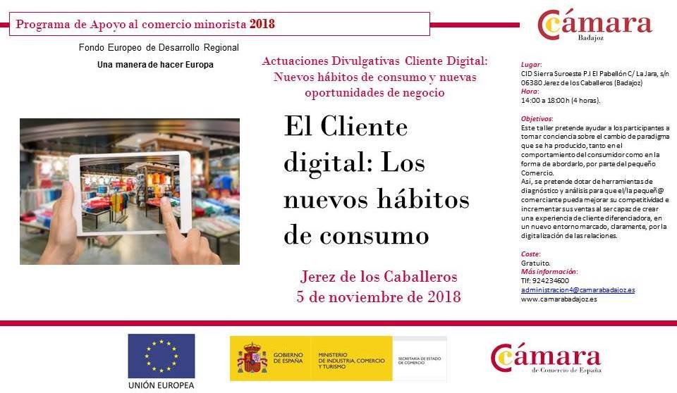 ➡💻 En #JerezDeLosCaballeros el 5 de noviembre: Nueva jornada informativa sobre el #ClienteDigital y nuevos hábitos de #consumo. ¡No faltes! ow.ly/8HI830mrlMA #PCM #FEDER #Comercio