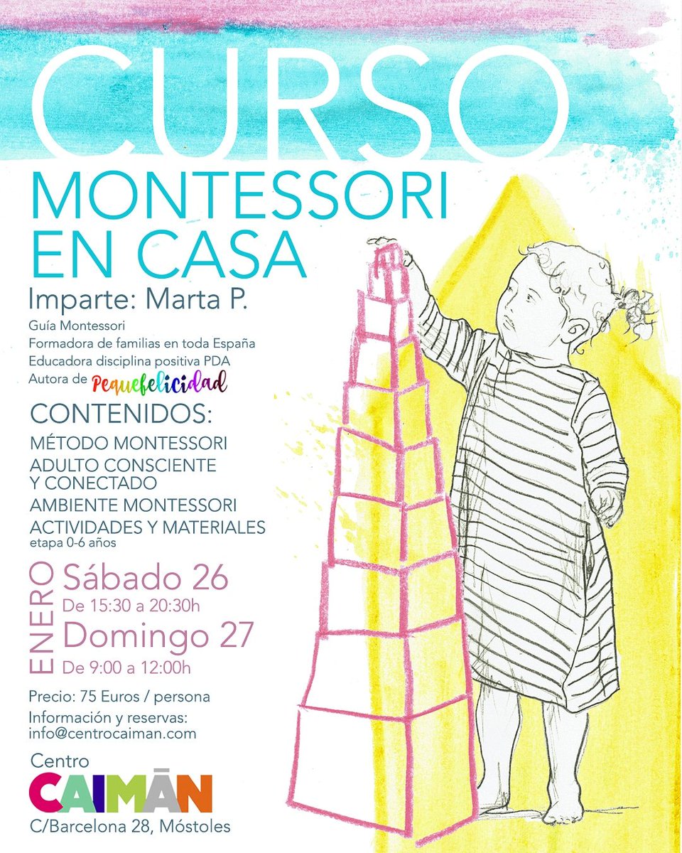 ¡Mamis y papis, educadoras/es, no os perdáis este curso sobre #MontessorienCasa que Marta de @pequefelicidad ofrecerá en enero en el #CentroCaimán!

Más información en bit.ly/2yIQk53

#infancia #primerainfancia #infanciafeliz #familia #hogar #educacion #Respeto