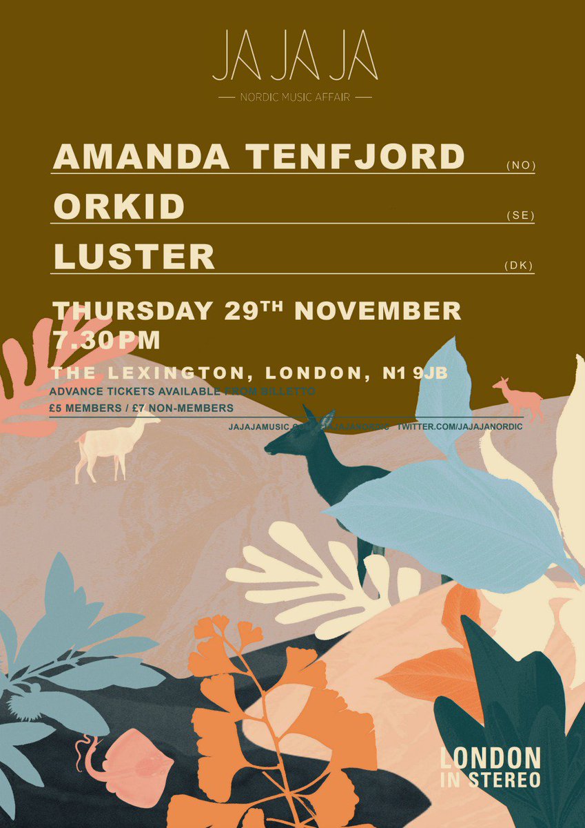 Thrilled to bits to announce the lineup for our final #London show of 2018! 

Join us on the 29th November to get festive ahead of the #Christmas break: Ja Ja Ja London with Amanda Tenfjord, ORKID, Luster &lt;3

Tickets are on sale now! billetto.co.uk/en/e/ja-ja-ja-…