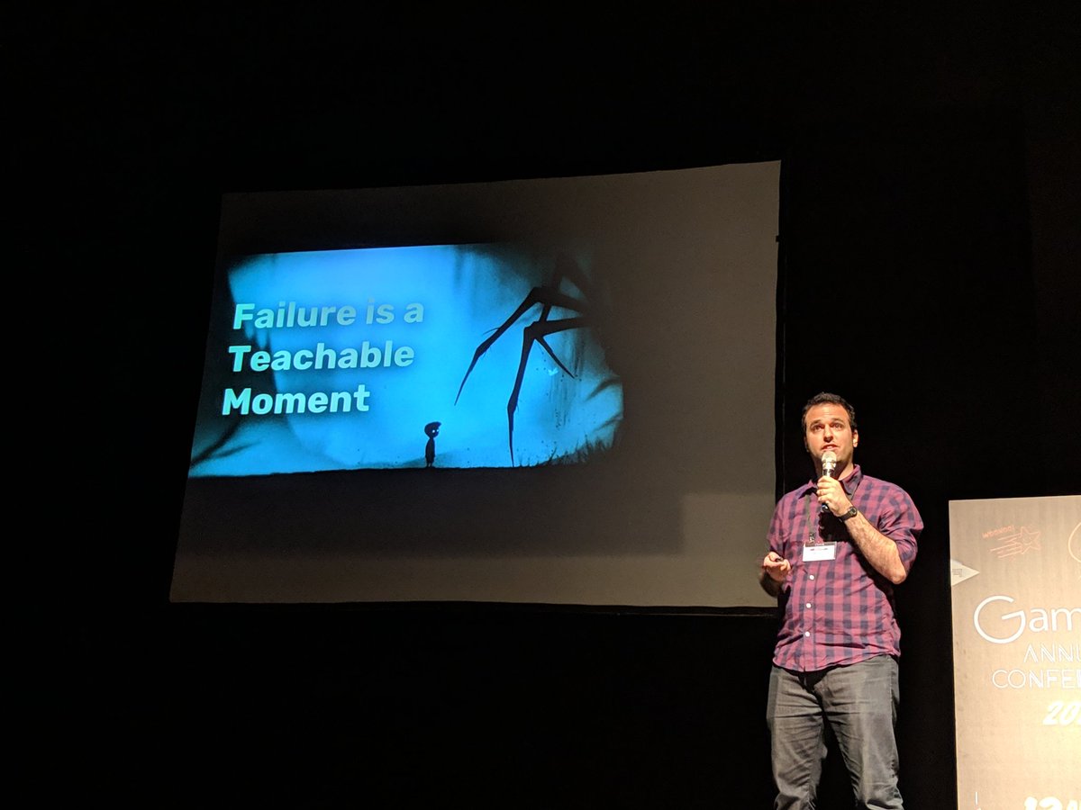 goswym's tweet photo. An amazing game design talk on failure as a teachable moment by @OriBrusi from @UglyCakeGames at #gameis18 (With @Playdead's Limbo, @SuperMeatBoy and @mossmouth's Spelunky as prime examples) https://t.co/00cybWH1mb