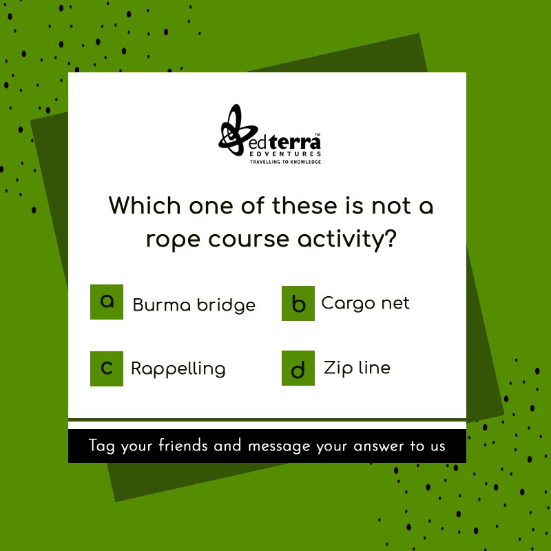 EdTerra's tweet photo. Do you think you know camping well? Let see if you can give us all the correct answers for the following questions. Tag your friends and see if they can answer this correctly too.
https://t.co/w1etKiyxZl
#EdTerra #Camping #Game #Puzzle #Quiz #Students #Travel #Mountain #Trek https://t.co/BDzNlTwT9g