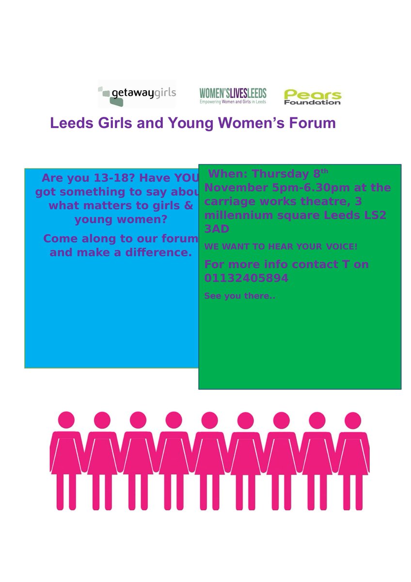 Are you a young woman aged 13-18? What matters to you? Come and tell us! Meet other young woman, have fun and get your voice heard! Next Girls Hub 8th Nov 5-6:30pm at @carriageworks_ spread the word! @Child_Leeds @shine_leeds