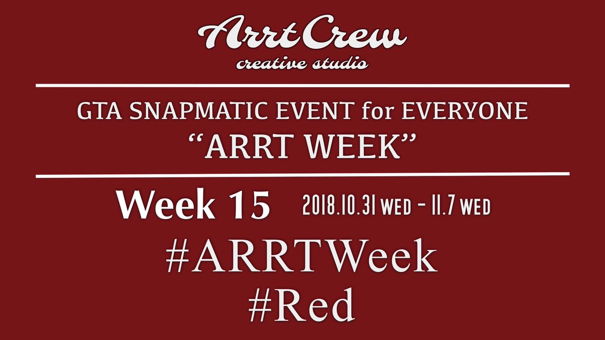 ARRTCrew's tweet photo. Thank you as always everyone😆
Let's celebrate the release of #RDR2 !

The 15th "ARRT Week" begins!
🗓 [2018.10.31 wed → 11.7 wed]

⬇️ EVERYONE JOIN US!
#ARRTWeek #Red

"ARRT Week" is GTA Snapmatic event held by @ARRTCrew !!😁 https://t.co/Gic5WZWpsp