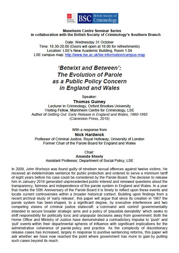 Join us tonight for @tcguiney 's Mannheim seminar '"Betwixt and Between": The Evolution of Parole as a Public Policy Concern in England and Wales', with a response by <a href="/nicklhardwick2/">Nick Hardwick</a> Location: LSE's New Academic Building (NAB), Room 1.04; doors open at 6pm.