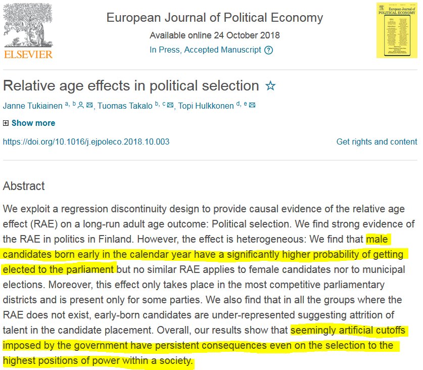 'Relative age effects in political selection' by Janne Tukiainen (#VATT), Tuomas Takalo & Topi Hulkkonen just published by the European Journal of Political Economy: doi.org/10.1016/j.ejpo…

#RelativeAgeEffect #GenderDifferences #RDDers