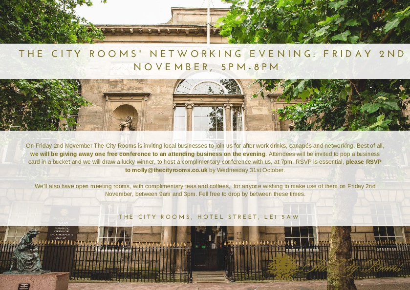 The City Rooms (@thecityrooms) on Twitter photo We're hosting a free networking event on Friday 2nd November for all businesses, and all who attend will be entered into a prize draw to win a free conference at The City Rooms! Contact us for more details or RSVP to molly@thecityrooms.co.uk #LeicesterHour We're hosting a free networking event on Friday 2nd November for all businesses, and all who attend will be entered into a prize draw to win a free conference at The City Rooms! Contact us for more details or RSVP to molly@thecityrooms.co.uk #LeicesterHour
