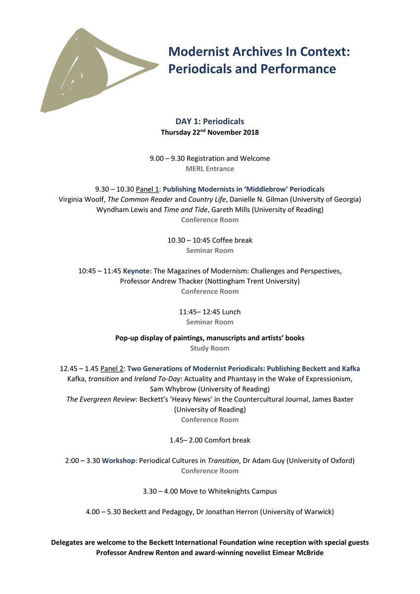 ArchivesIn's tweet photo. We are happy to publish the programme for Modernist Archives in Context: Periodicals and Performance. The first day includes a #samuelbeckett pop-up display of paintings, manuscripts and artists’ books. Register now! https://t.co/EahW47zFrU