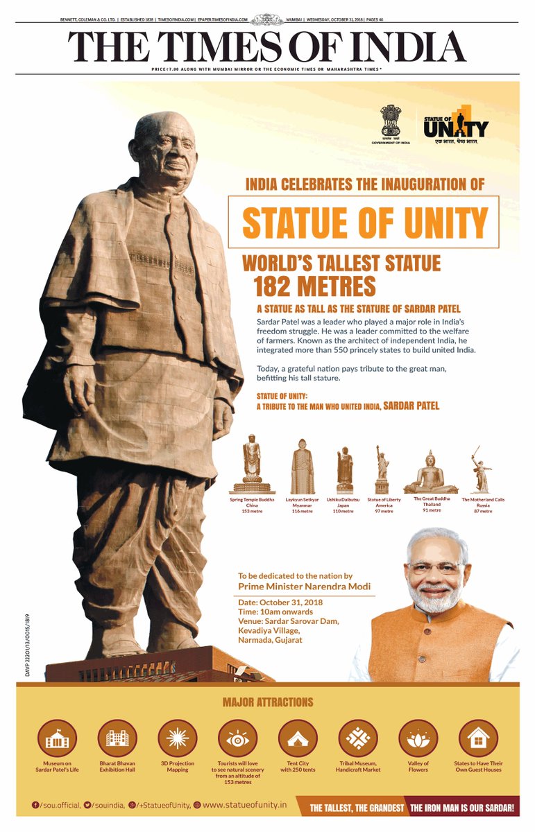 drajchandel's tweet image. Highest regard for #SardarPatel however the Ad is ill conceived. #statuteofunity is tribute to Him and its height cant be attributed to be at par with his greatness but the Ad says so. Secondly its comparison with less taller statute of Gautam Buddh sends out wrong message.