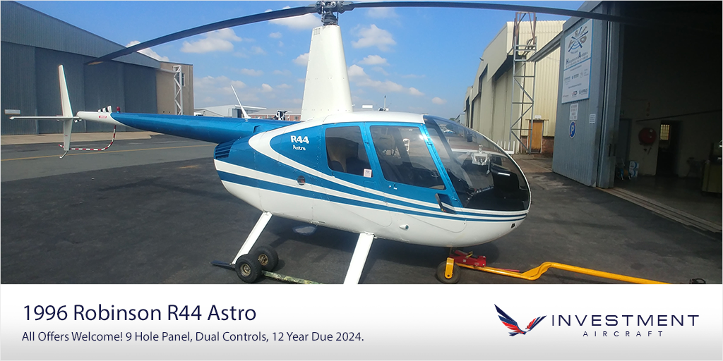 Must Go- All Offers Welcome!! 
12 Year Due 2024.. 

For more info or full specifications contact us: 
investmentaircraft.co.za 
#Robinson #R44 #Astro #White #Blue #Aviation #AviationLife #LifeInTheSky