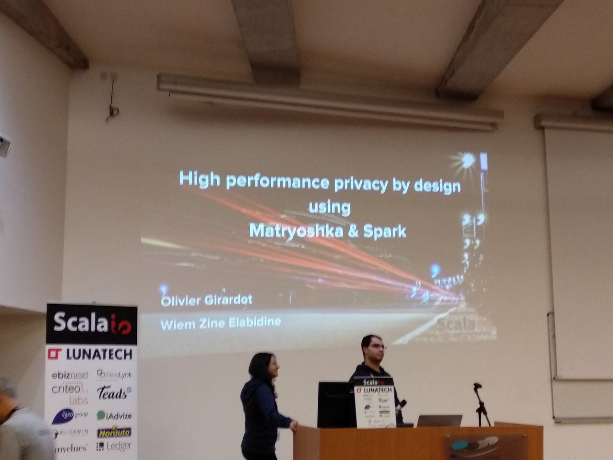 ARTIKCONSULTING's tweet image. We&apos;re now listening to @ogirardot and @ZineWiem talking about Privacy by design with #Spark and Matryoshka. #scalaio2018