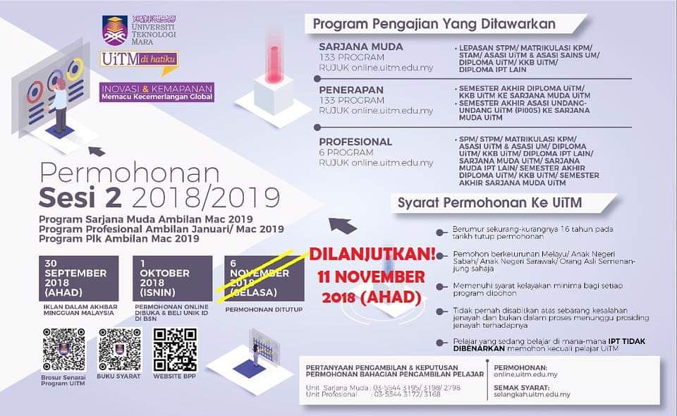 Uitm Official On Twitter Pengumuman Penting Permohonan Kemasukan Pelajar Ke Uitm Bagi Sesi Akademik 2 2018 2019 Kemasukan Mac 2019 20192 Bagi Program Sarjana Muda Sepenuh Masa Dilanjutkan Dari 6 November 2018 Ke 11