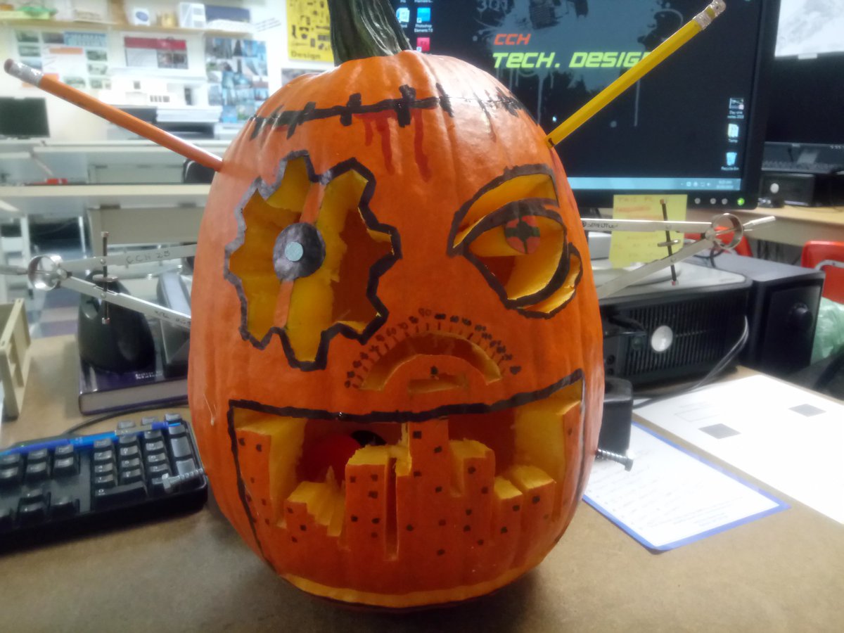 designteacher1's tweet photo. #HappyHalloween from @CCHcomets #designcentral students. "Techenstein" is our class submission for the CCH pumpkin carving contest.
#weAREcch #cchtech
@WECDSB https://t.co/ALpJFRNncs