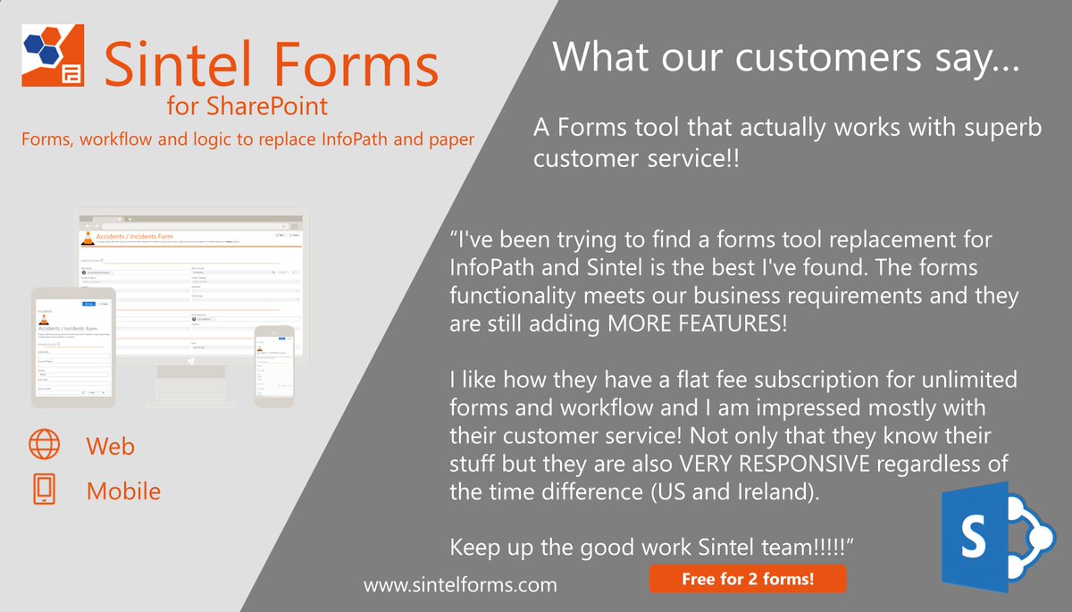 sintelltd's tweet image. Another week and another great review from customers of our #SharePointApp #SintelForms for #SharePoint check out our reviews on #MSFTAppSource buff.ly/2PVjO75 and remember it&apos;s completely free for up to 2 forms!