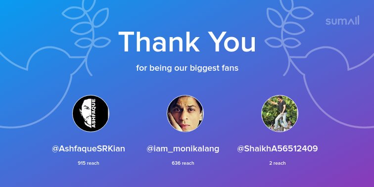 Our biggest fans this week: @AshfaqueSRKian, @iam_monikalang, @ShaikhA56512409. Thank you! via sumall.com/thankyou?utm_s…
