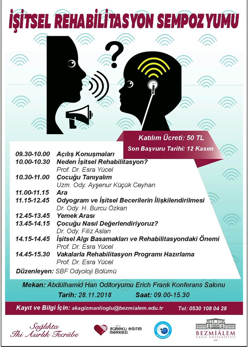 28 Kasımda düzenlenecek olan 'Işitsel Rehabilitasyon Sempozyumu'na Odyoloji bölümü öğrencilerimiz davetlidir.Kayıt formu için:
docs.google.com/forms/d/e/1FAI…