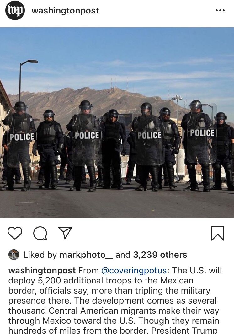 ReadingThePix's tweet photo. He says jump and they jump. (Meaning the media.) Striking a midterm pose at the border.  (@WashingtonPost Instagram didn’t mention which one.) Via @AFPphoto #preinvasion #caravan #politicsoffear https://t.co/vo4SNEhxV9