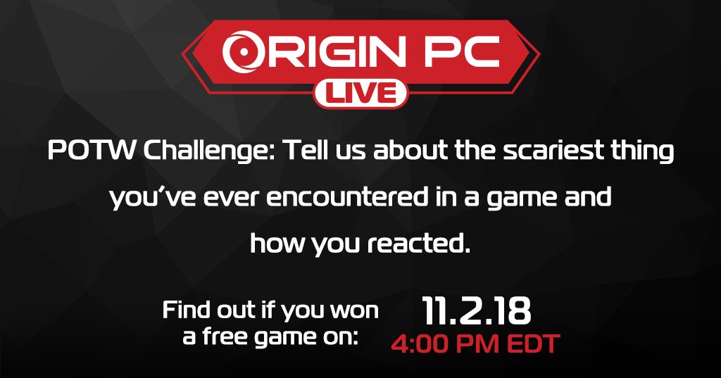 ORIGINPC's tweet photo. POTW Challenge:

1. Read our Post of the Week challenge below. 

2. Think of a creative/funny response. 

3. Reply with your response and use #ORIGINPCLIVE in your Tweet!

4. If you win, you'll get called out live and given a digital game key on this Friday's episode! 

5. GLHF https://t.co/KkFLKAg8CL