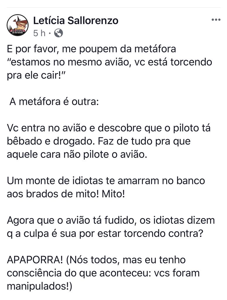 O piloto avisou que ia derrubar o avião!

#meubolsominionarrependido 
#EuAvisei