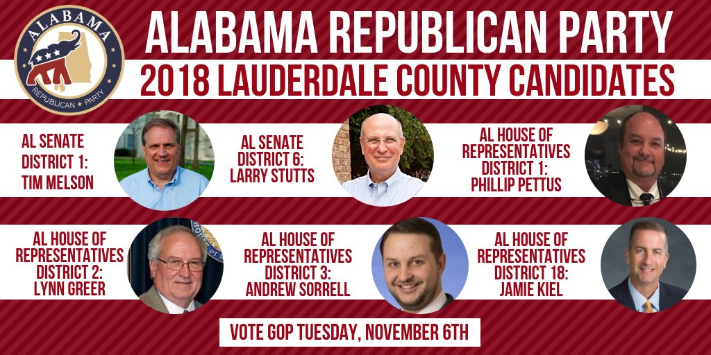 2018 ALGOP Lauderdale County Candidates 
AL SD 1: Tim Melson
AL SD 6: <a href="/Larry_Stutts/">Larry Stutts</a>
AL HD 1:Phillip Pettus
AL HD 2: Lynn Greer
AL HD 3: @SorrellForHouse 
AL HD 18: <a href="/jamiekiel/">Jamie Kiel</a>
#ALPolitics